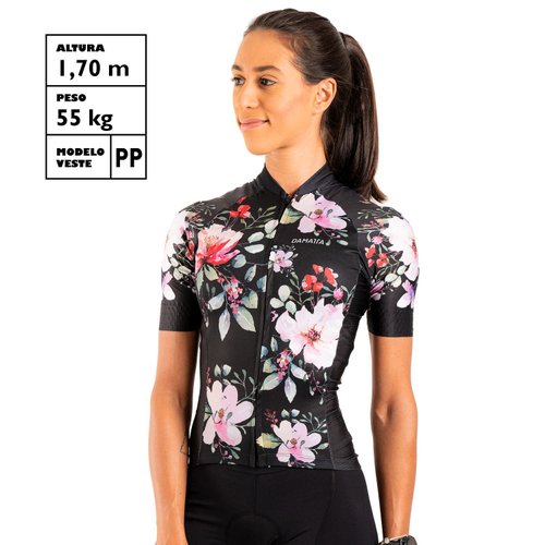 Camisa Ciclismo Bicicleta DaMatta Feminina Flower Preta