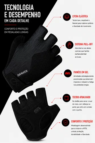 Luvas Flames DaMatta Gel Ciclismo Dedo Curto Preto