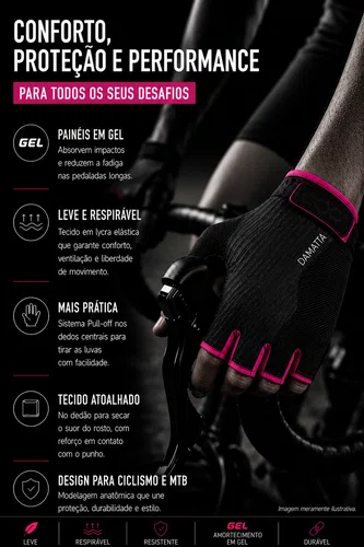 Luvas Flames DaMatta Gel Ciclismo Dedo Curto Preto/Rosa